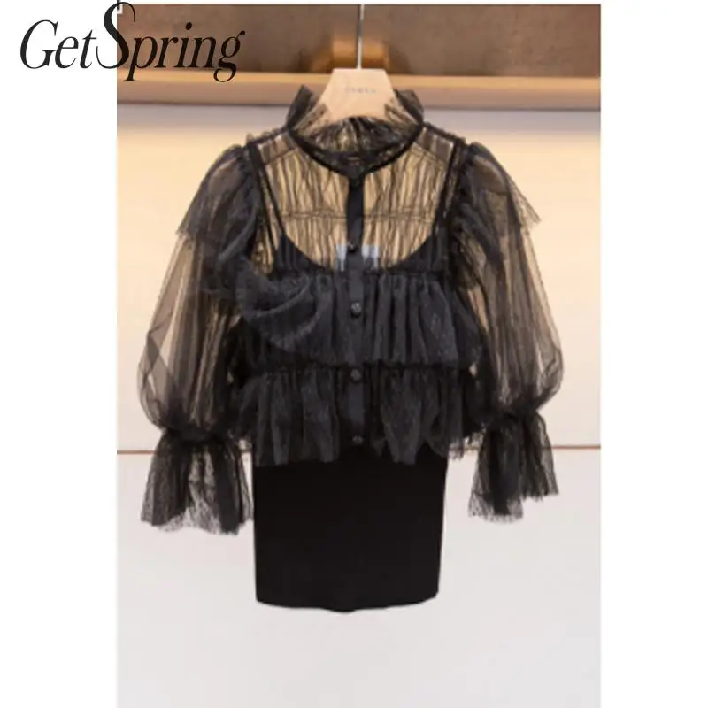 

GETSPRING Women Sweater Lace Perspective Patchwork Lantern Sleeve Knitting Sweaters Women Black Pink White All Match Autumn Top