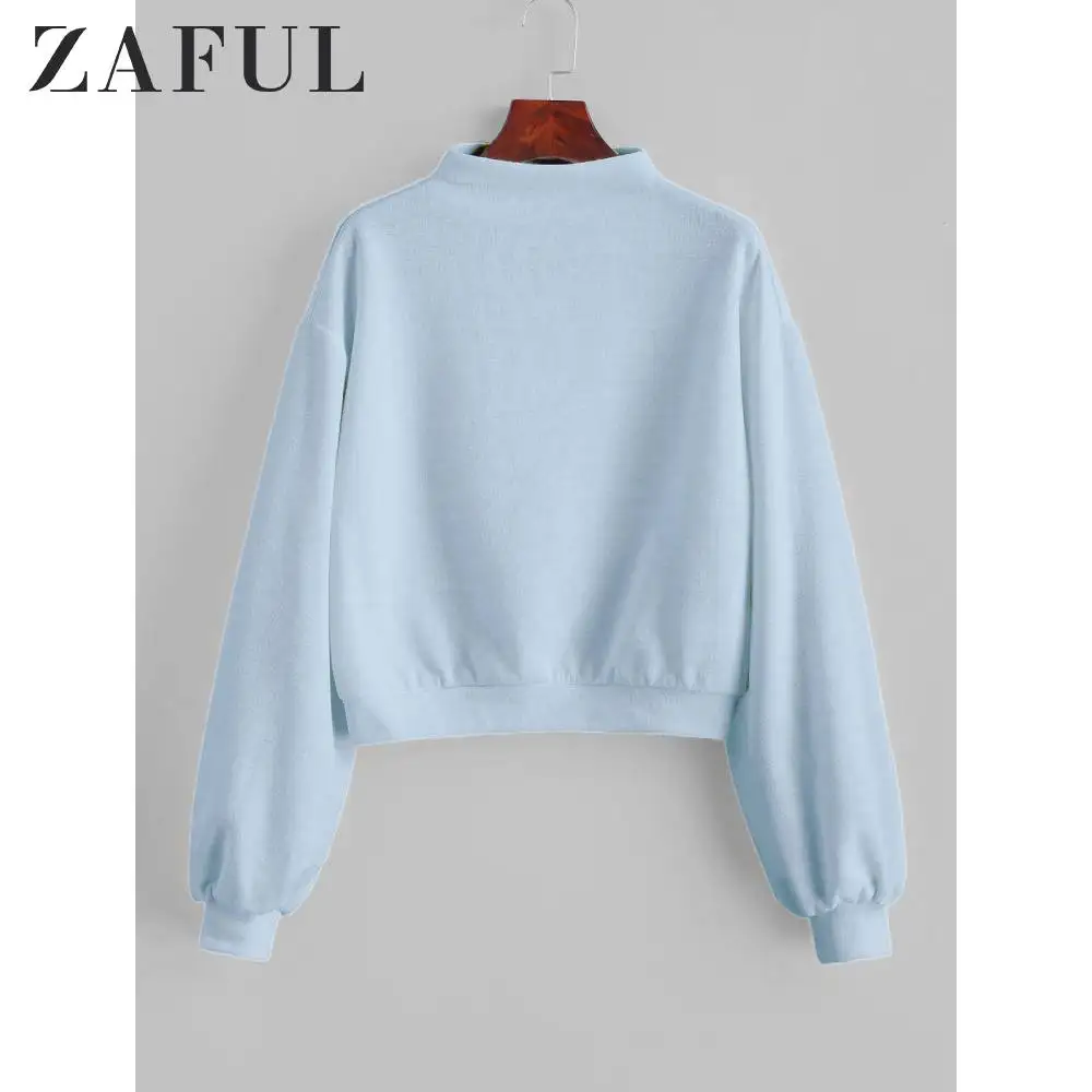 ZAFUL простая толстовка с высоким воротом, женские топы, Осенний однотонный пуловер с длинным рукавом, удобная женская повседневная одежда