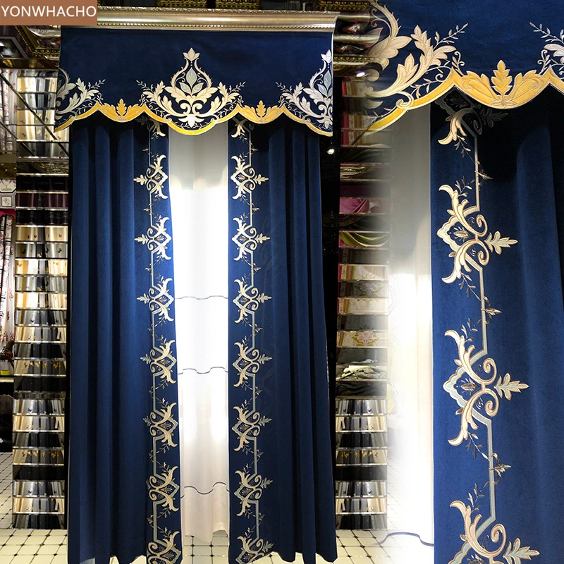 luxury Embroidery thick velvet blue cloth blackout curtain valance B714* 