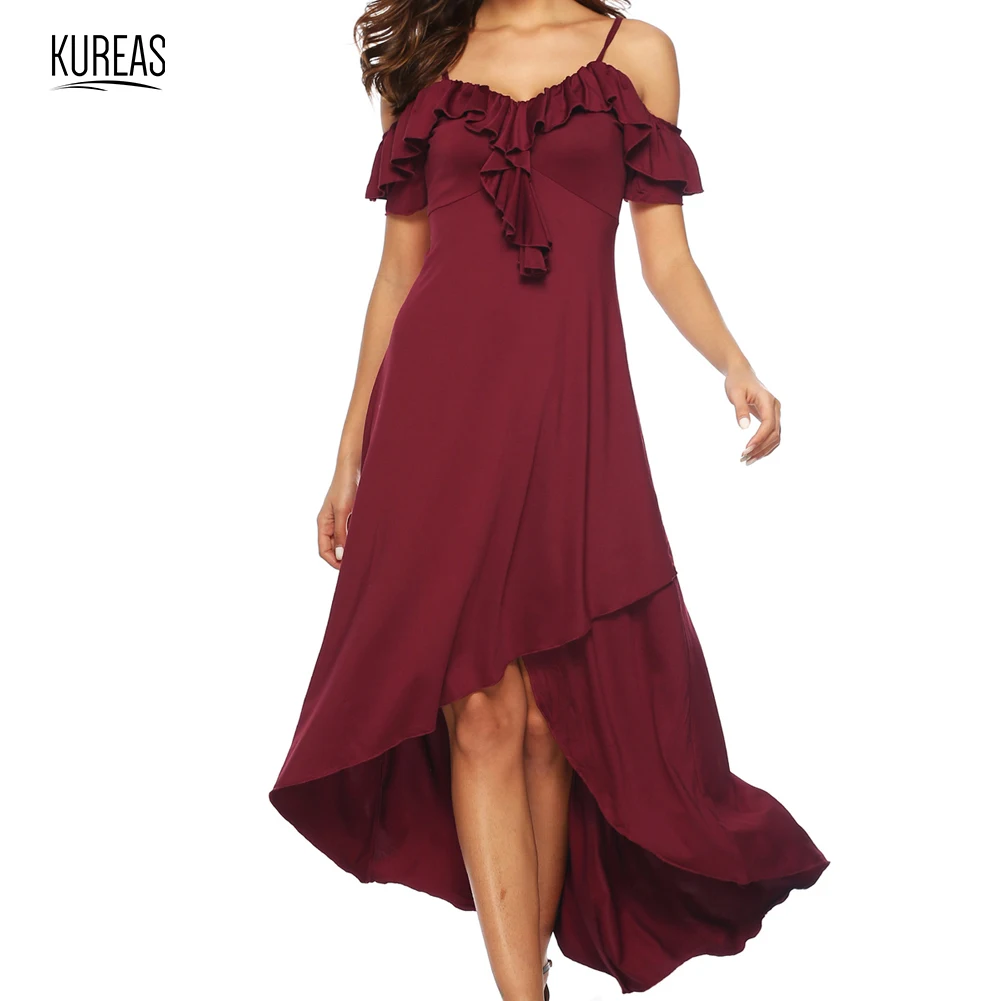 

Kureas Women Party Dress Sexy Ruffles Evening Dresses Maxi Asymmertrical Off Shoulder Sundresses Spaghetti Mermaid Long Gown
