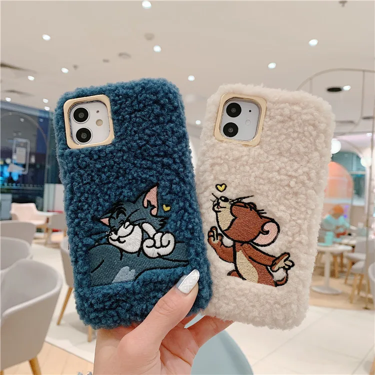 Мультяшные Меховые чехлы для iPhone X XS XR 11 Pro Max 7 8 Plus Tom and Jerry, теплая милая мягкая плюшевая задняя крышка для телефона, чехол