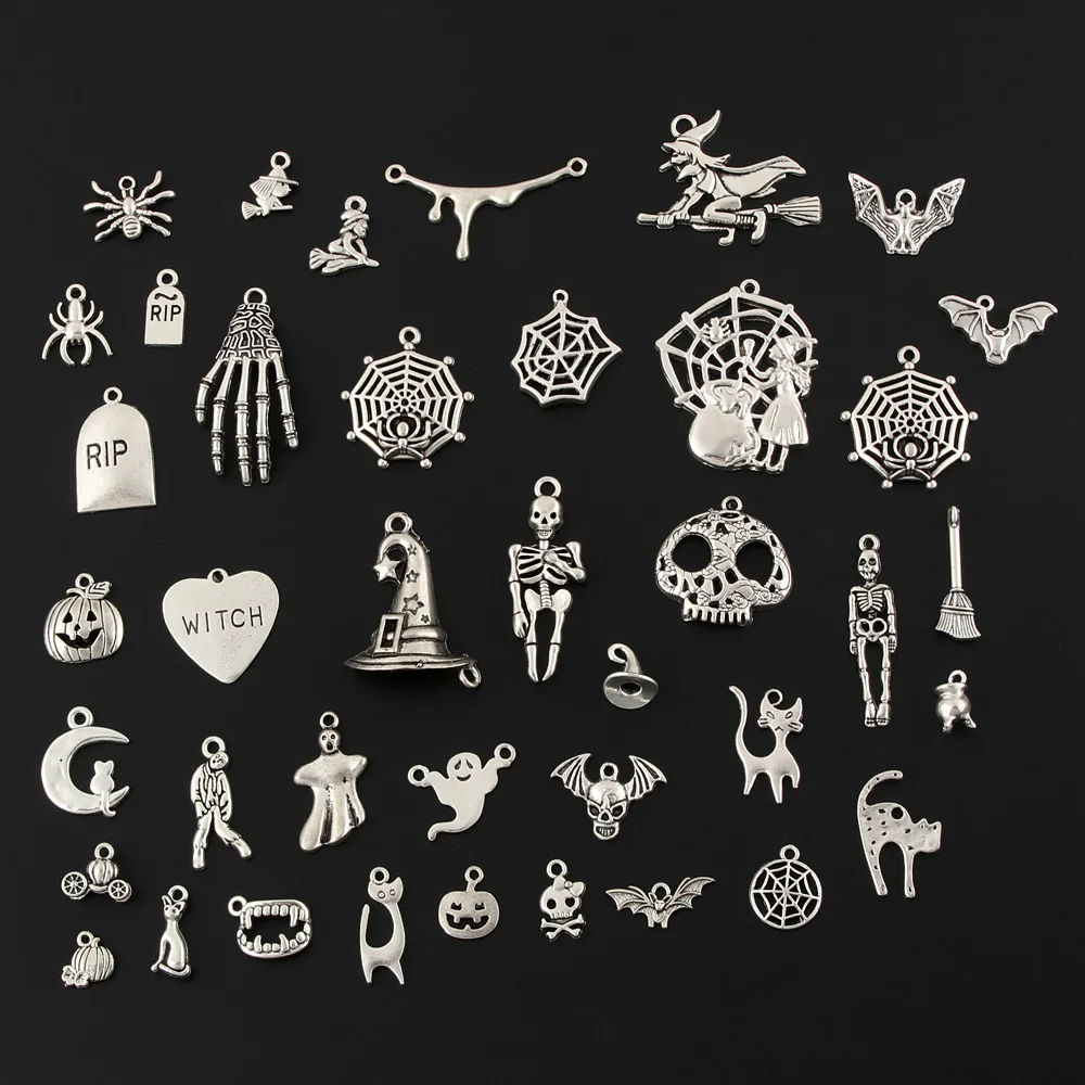 

40pcs Mix Silver Color Halloween Pumpkin lantern Charms Witch Hat Ghost Pendants Collection DIY Handmade Jewelry Accessorie M222