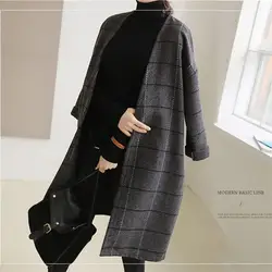 Женская элегантная Зимняя шерстяная клетчатая винтажная куртка большого размера, длинное Бандажное шерстяное пальто, кардиган размера