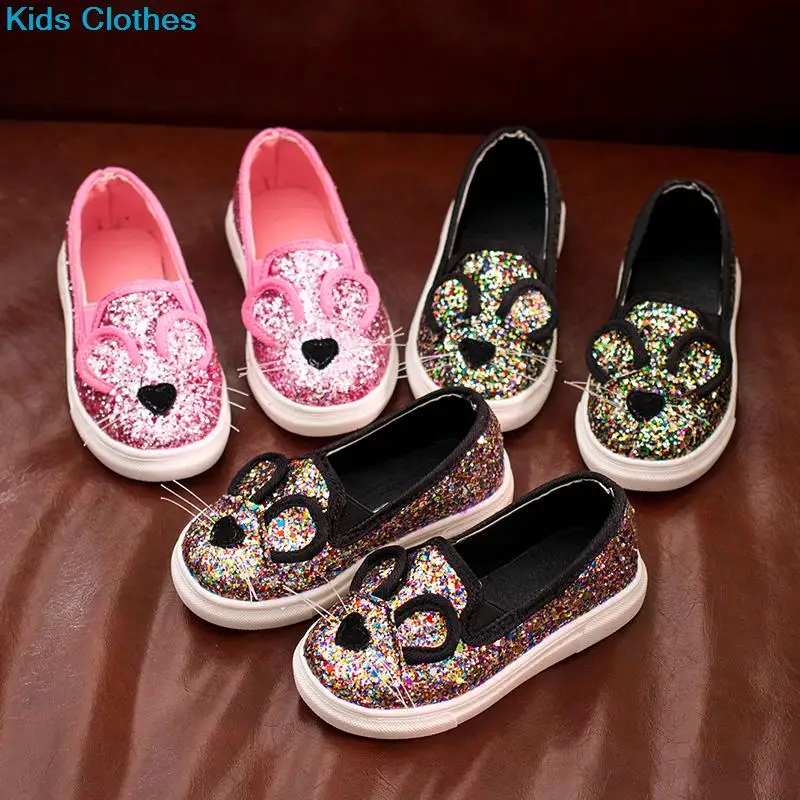 Повседневная обувь с блестками для маленьких девочек; детская обувь с рисунком мышки; сезон весна-лето; брендовые Блестящие модные кроссовки для мальчиков