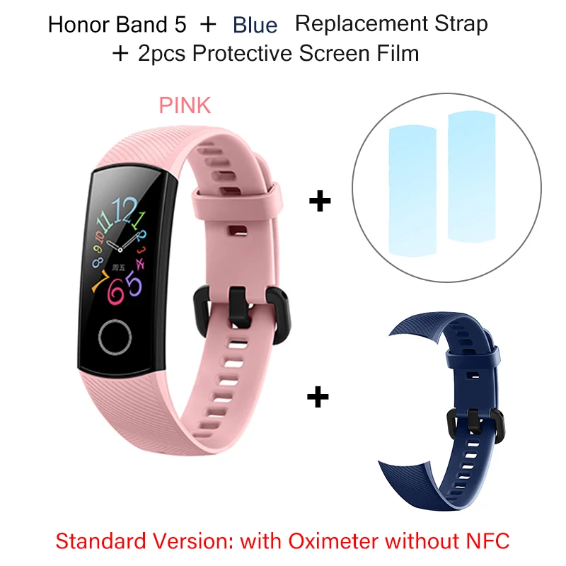 band5 2film strap Huawei Honor Band 5 с NFC смарт-пульсоксиметром цветной экран плавучий ход Обнаружение монитор сердечного ритма во время сна Honor Band 5 синий розовый - Цвет: band5 2film strap