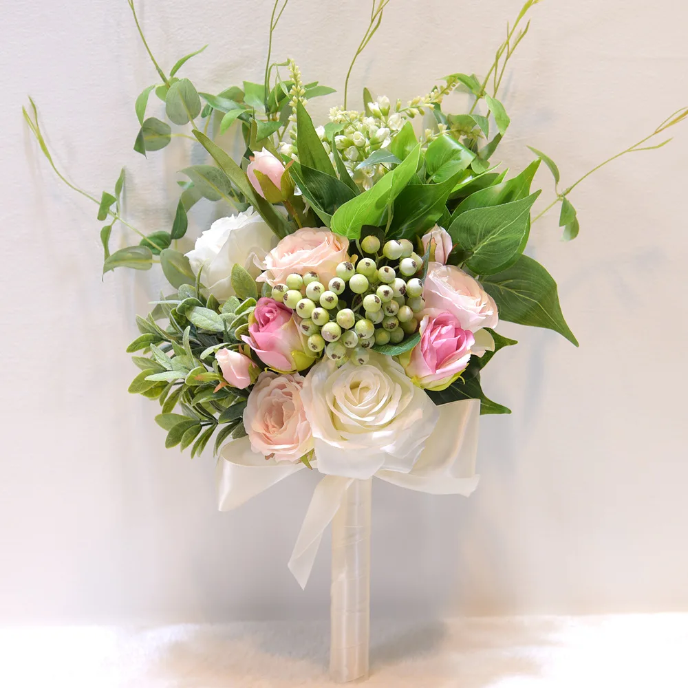 Bridesmaid Bouquet Pompom Eucalyptus Leaf Wedding Supplies Wedding Bouquet Artificial Silk Crabapple Flower SPH018