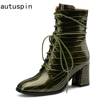 

autuspin Newest Patent Leather Women's Boots Fashion Striped Thick Heels Pumps for Female Winter Party Office Prom Warm Shoes