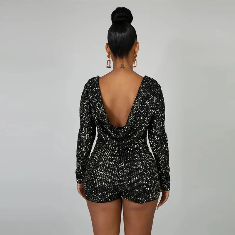 Beyprern Glam комбинезон с длинным рукавом и открытой спиной, с блестками, женский комбинезон с блестками, комбинезон для рождественских праздников, клубная одежда