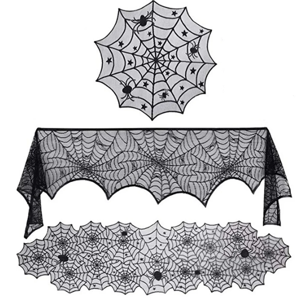 1 шт. 18X72 дюймов Хэллоуин паук веб-Настольная дорожка Черная кружевная скатерть Хэллоуин Декор стола праздничные принадлежности для вечеринки, оптом