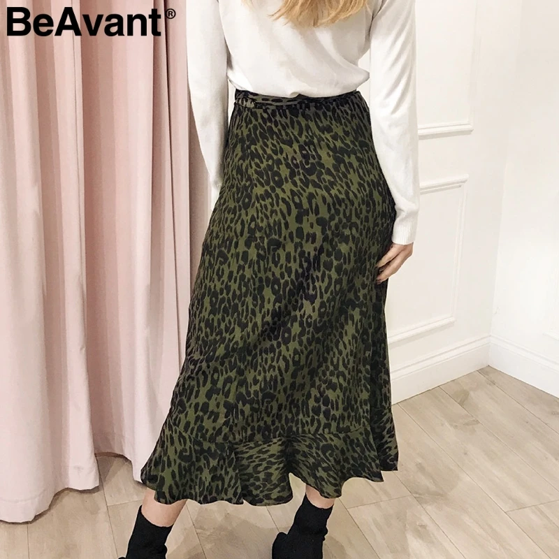 BeAvant Elegant leopard print women maxi skirt High waist ruffled asymmetrical female long skirt Side bow tie autumn lady skirts