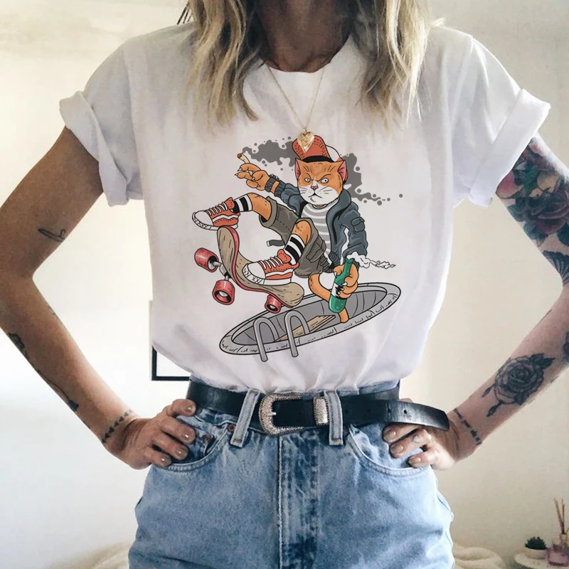 Женские футболки Харадзюку с принтом кота, женские футболки с графическим принтом, женская футболка Kawaii, футболка, женская футболка большого размера, Camisas Mujer, топы - Цвет: Tee Shirt Femme 10
