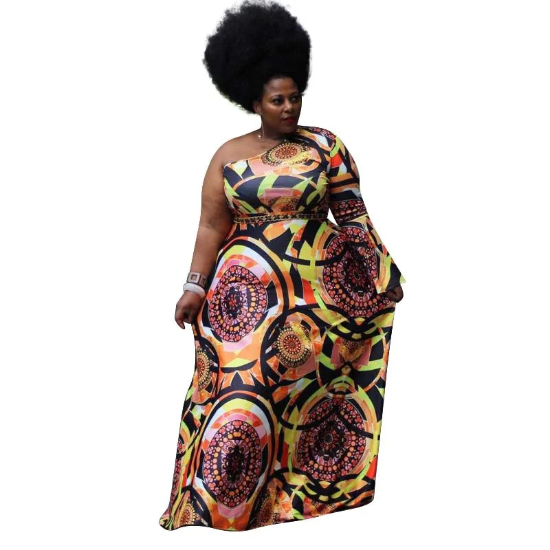 

African Clothes Plus Size 4XL Sexy One Sleeve Maxi Dress Women Multi Printed High Waist Long Dress Beach Sundress Partyclub