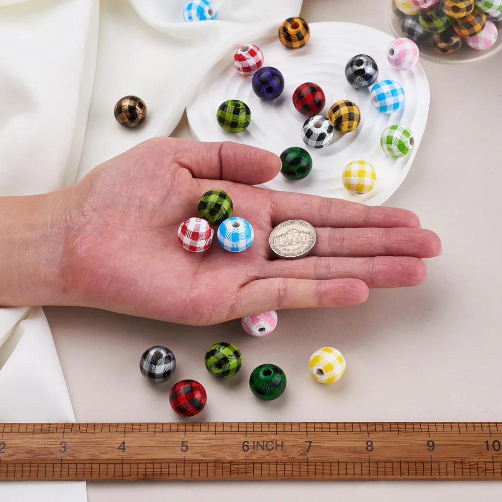 16mm Wood Buffalo Plaid Beads Natural Wooden Beads Christmas Round Balls Spacer Beads for Jewelry DIY Bracelets Garland Handmade
