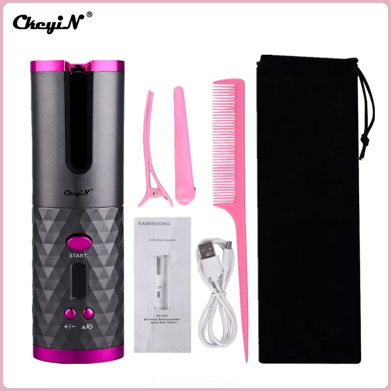 CkeyiN Cordless Auto Hair Curler Automatic Rotating Curling Iron Rechargeable Ceramic Barrel 6 Temperature Timer LCD Digital 50