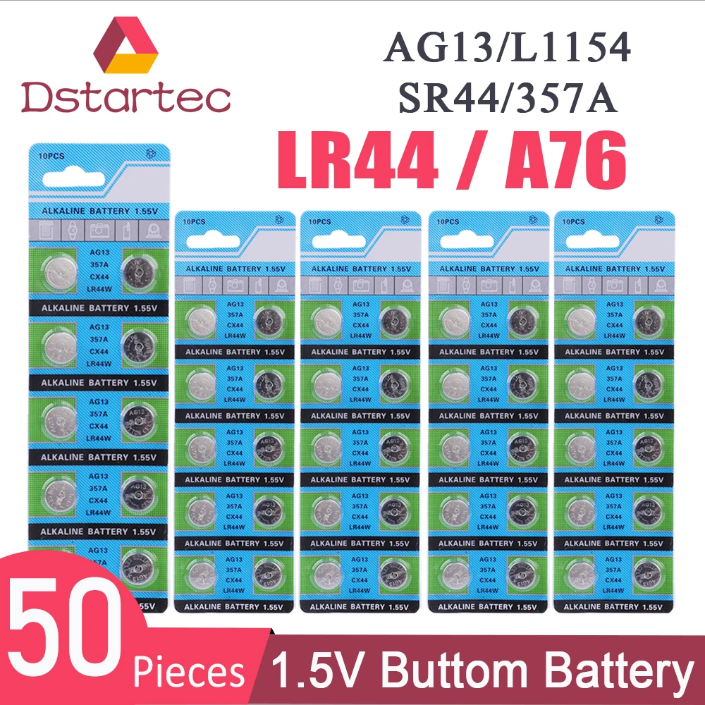 50 Uds 2020-Nueva AG13 1,5 V LR44 L1154 RW82 RW42 SR1154 SP76 A76 357A pila LR 44 SR44 AG 13 30mAh alcalina pila de botón de la batería