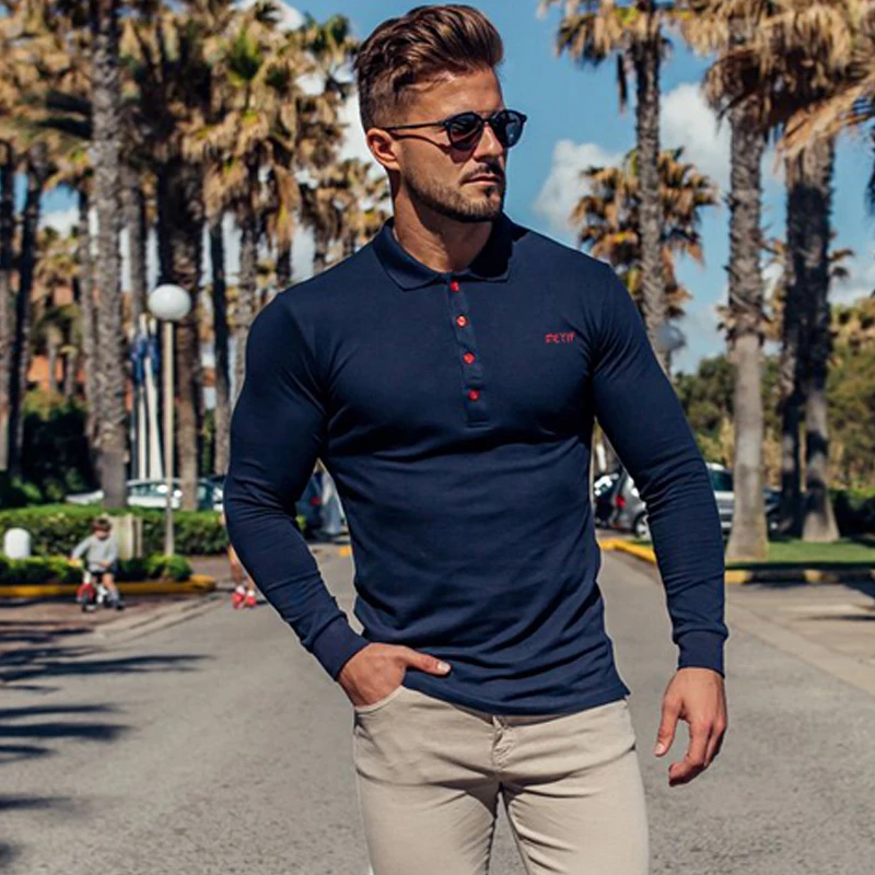 Men Fashion Polo Shirt Casual Polo Shirt Sweatshirts Leisure Brand Mens Slim Fit Long Sleeve Tops - Цвет: Тёмно-синий