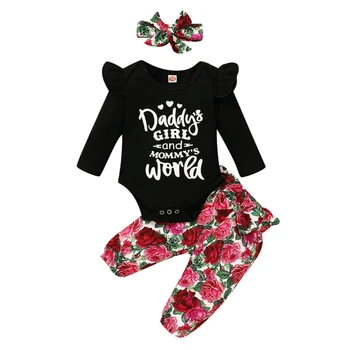 

Cute Clothes Set Newborn Baby Girl Fashion Autumn Long Sleeve Solid Color Romper Tops Pants Headband Infant Clothing Outfits