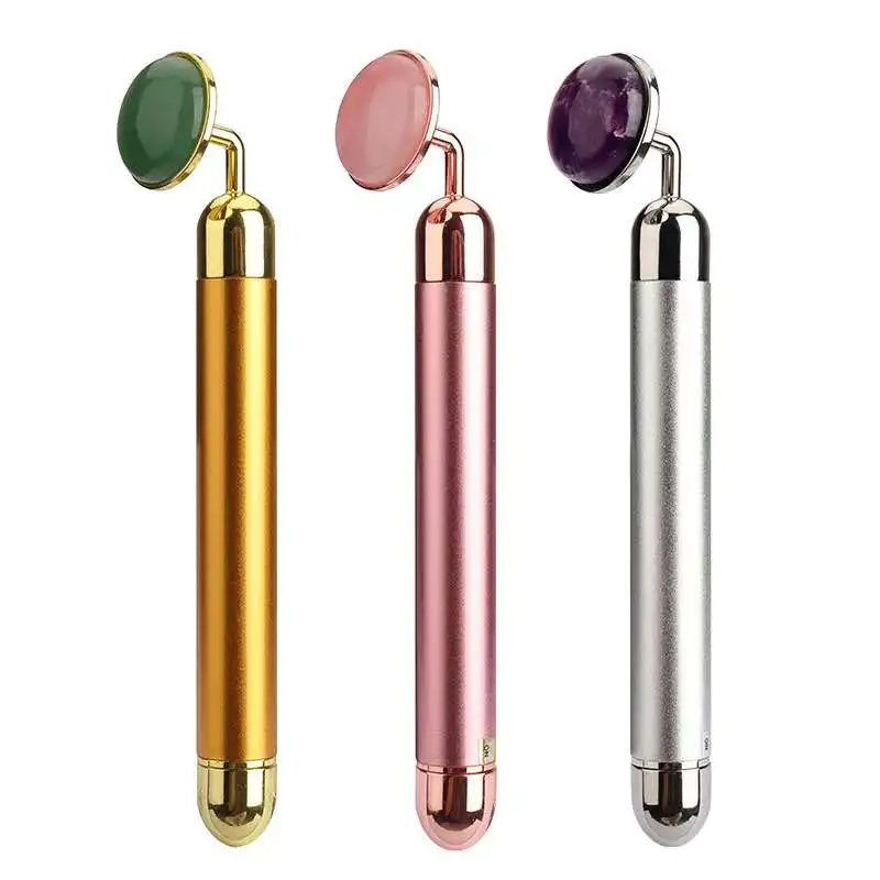 

Electric Vibrating Natural Rose Quartz Roller Gold Beauty Bar Face Lifting Tightening Jade Stone Facial Roller Beauty Massage
