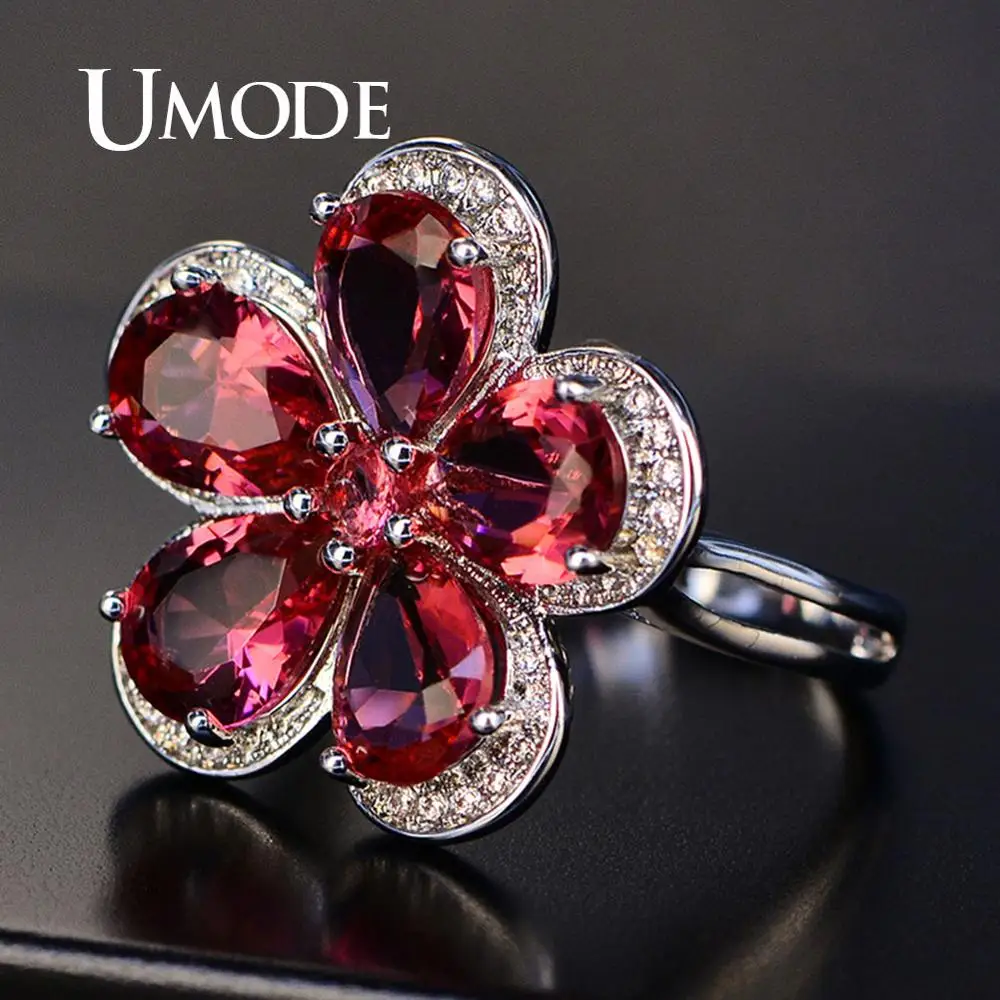 UMODE Flower Crystal Rings for Women Pink Cubic Zirconia Wedding Rings Girls Elegant Engegament Gifts Fashion Jewelry UR0559