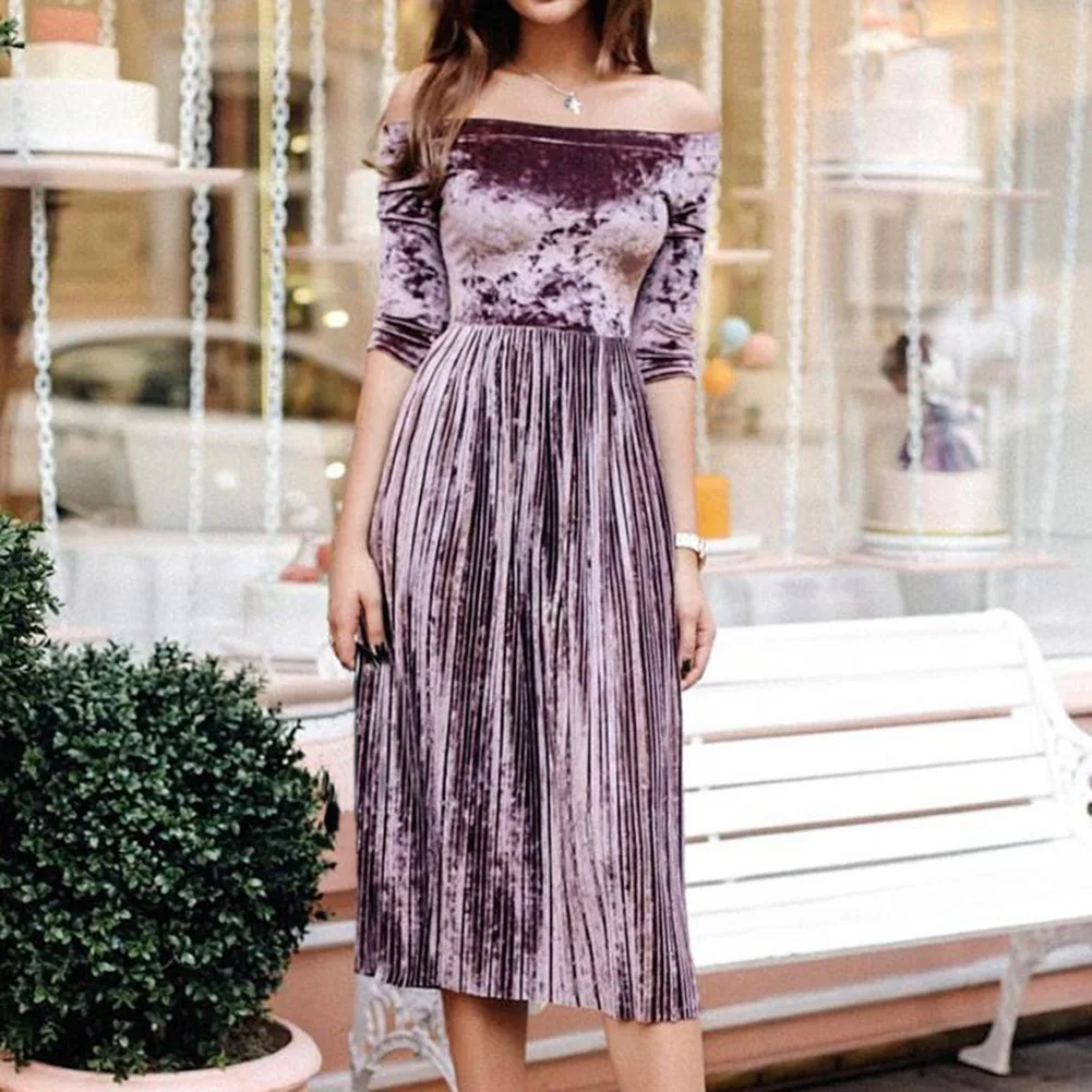 

Fadzeco Women Swing Velvet Dress Autumn Half Sleeve Off the Shoulder Pleated Evening Party Midi Dress Ladies Christmas Dresses