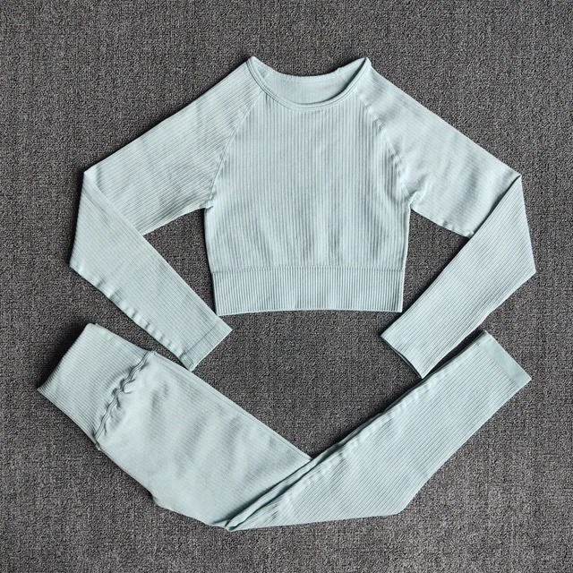 Women's Sportswear Yoga Set Workout Clothes Athletic Wear Sports Gym Legging Seamless Fitness Bra Crop Top Long Sleeve Yoga Suit ShirtsPantsBlue