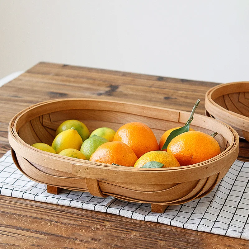 

Japanese Style Rattan Wood Chip Woven Basket Fruit Baking Bread Tray Egg Basket Storage Display Photo Props