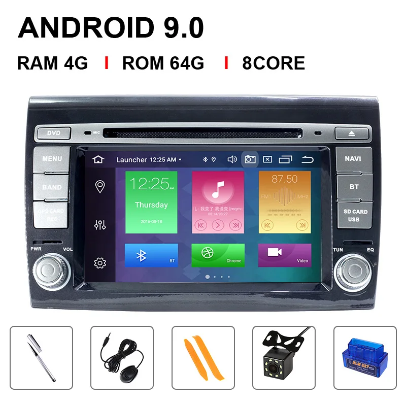 Ips DSP 2 Din Android 9,0 Авторадио Мультимедиа для Fiat/Bravo 2 2007 2008 2009 2010 2011 2012 gps Навигация DVD 4 Гб 64 г 8 ядерный - Цвет: 8 Core 64ROM OBD Cam