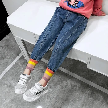 

INS hot girls jeans 4-13 years old Cotton washed kids jeans Korean Rainbow patch wide-threaded girls pants jeans for baby girl