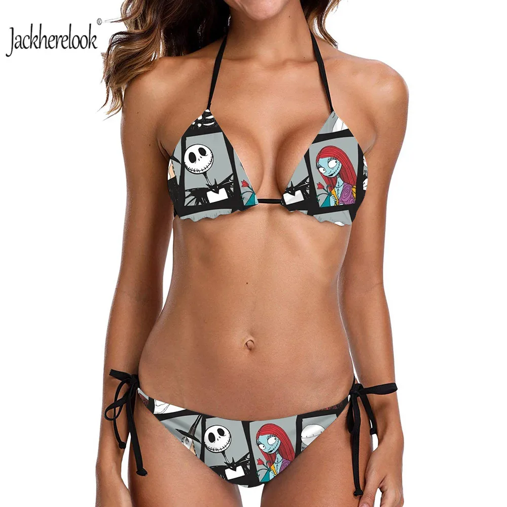 

Jackherelook Women Sexy Halter Swimsuit Sets Push Up Brazilian Bikini Gothic Skull Nightmare Before Christmas Swimwear Swimsuit