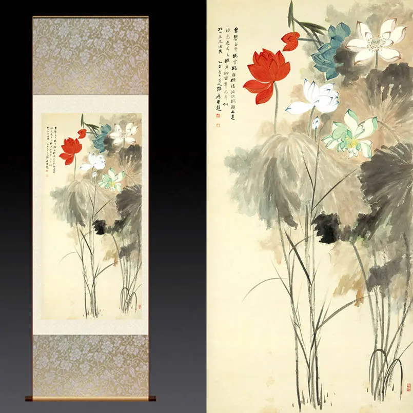 

Китайская шелковая картина-свиток от Zhang Da Qian lotus, украшение для дома