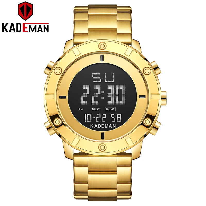 GOLD Топ люксовый бренд Kademan новые мужские спортивные часы полный стальной ремешок светодиодный двойной дисплей Модные кварцевые наручные часы водонепроницаемые K9151G - Цвет: GOLD