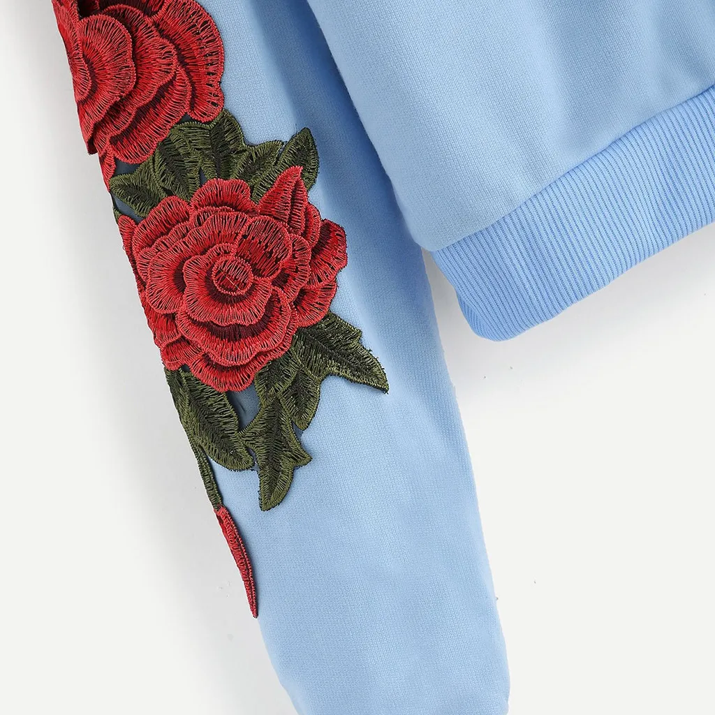 JAYCOSIN Fashion Women Casual Rose Applique Long Sleeve Sweatshirt Casual Popular Chic Solid Elegant Blouse Sweatshirt