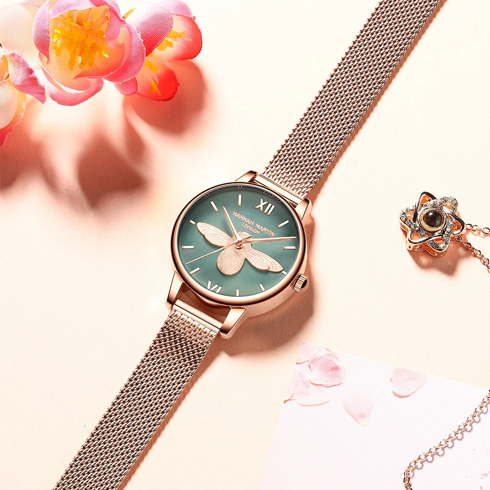 HM наручные часы с сеткой из нержавеющей стали топ бренд класса люкс Япония кварцевый механизм розовое золото дизайнерские элегантные стильные часы для женщин