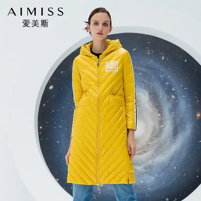 

AIMISS Brand Striped Patchwork New Down Jacket Hooded Full Sleeves Zippers Loose Casual Long Down Coat Letter Embroidery OUTWEA