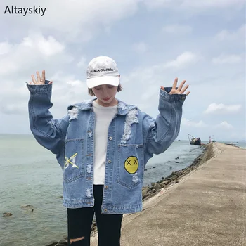 

Jackets Women Turn-down Collar Ripped Printed Pockets Leisure Daily Loose Jacket Womens Denim BF Simple All-match Outerwear Chic