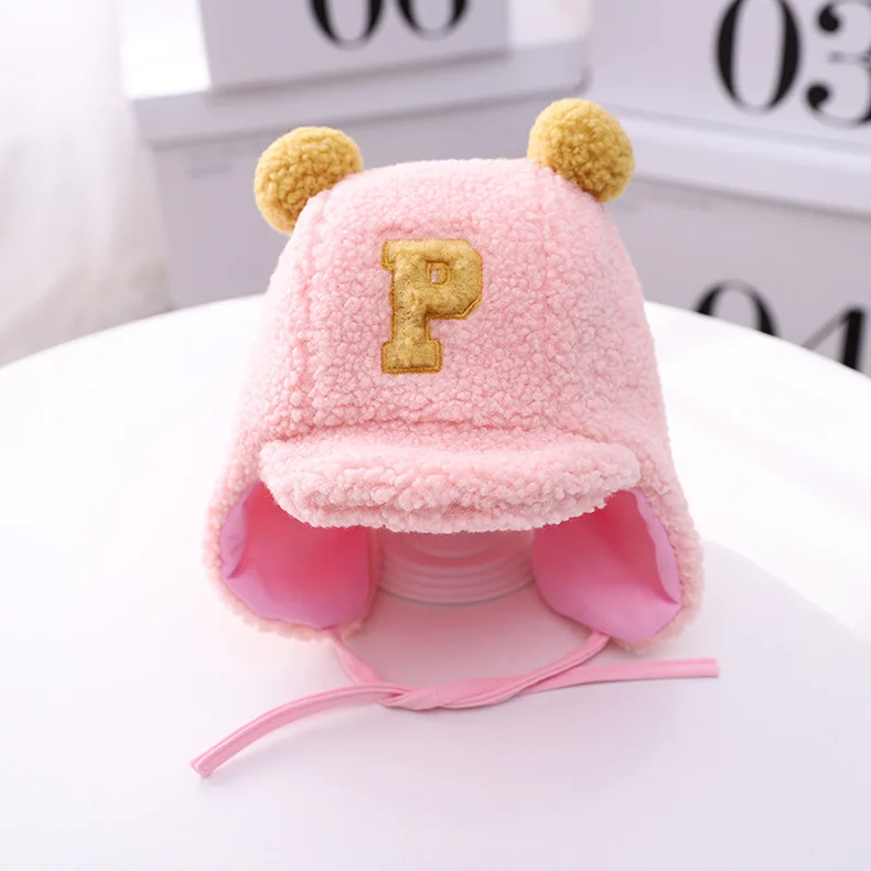 Boné para Crianças Inverno Bebê Meninos Letra Cordeiro Veludo Earflap Chapéu Duplo Pompom Criança Gorro p 5 Cheap Chapéus e bonés