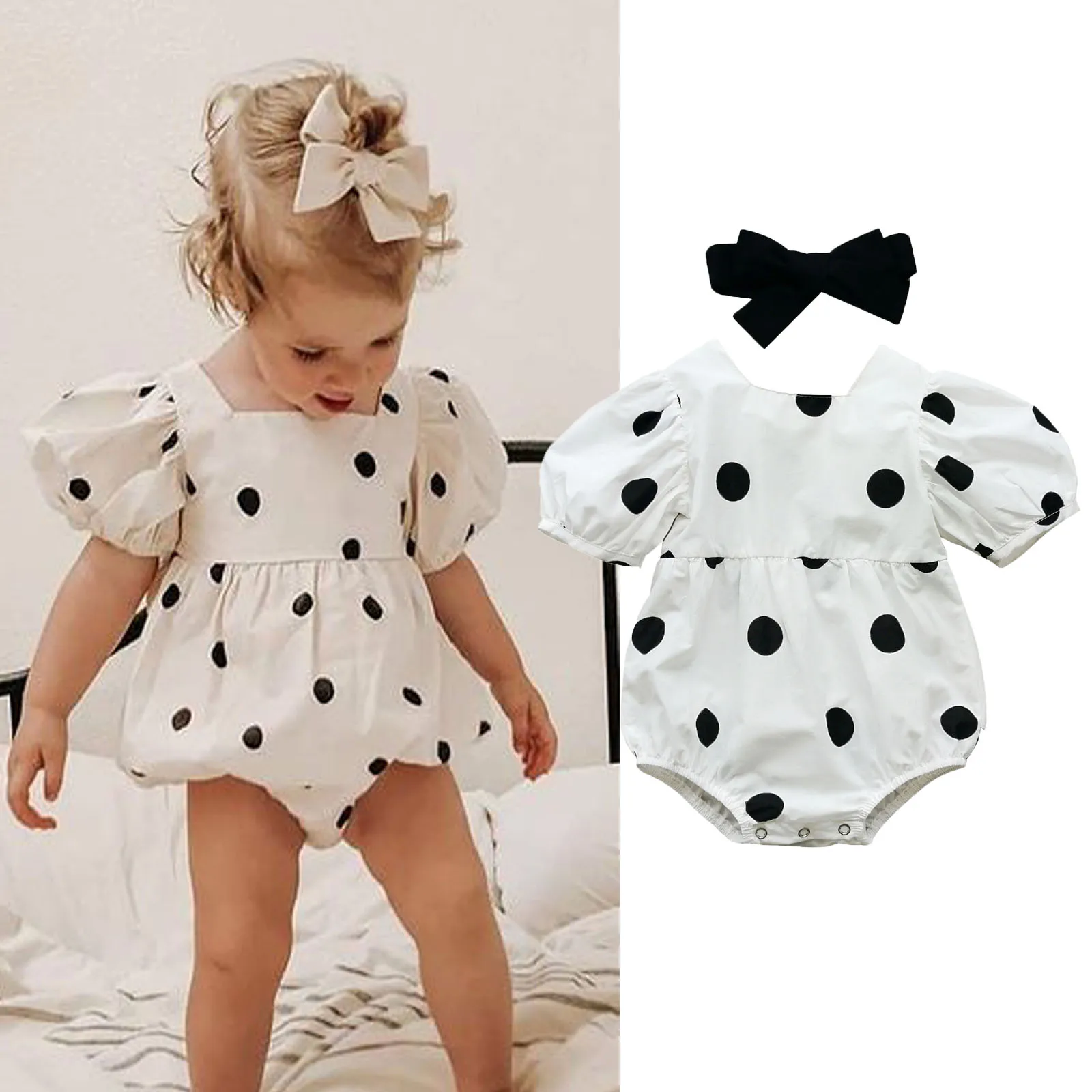 Baby Bodysuit, Baby Clothing-Summer Infant Baby Girls Short Sleeve Bodysuit + Bow Headband Polka Dot Printing Clothing