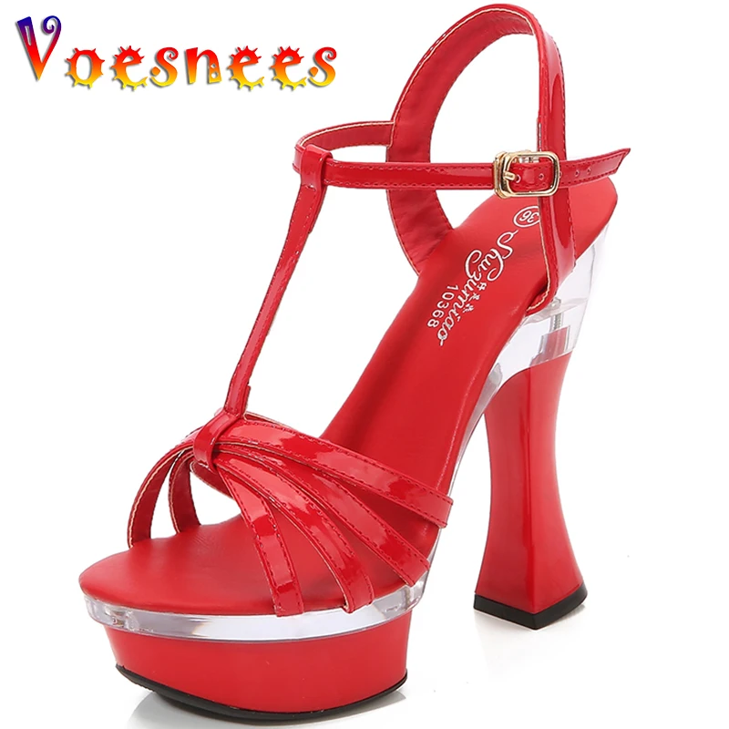 

T-Strap Chunky Heel Women Shoes Summer Sexy Walk Show High Heels New Platform Party Nightclub Sandals Stripper Transparent Shoes