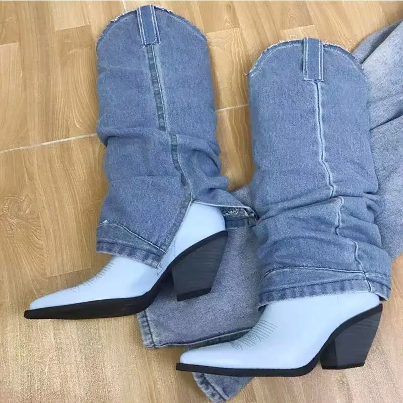 Jady/женские синие джинсовые ботинки ковбойский из натуральной кожи осенние ботинки для верховой езды на высоком массивном каблуке 7 см; botas Mujer