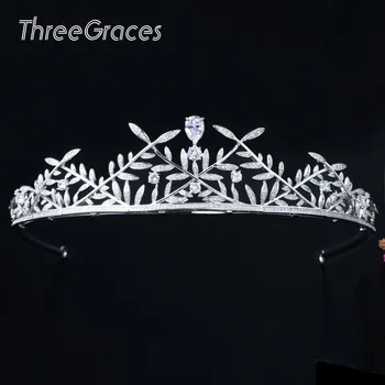 

ThreeGraces Shiny Crown Headdress Luxurious Leaves Zircon Stone Tiaras Wedding Hair Accessories for Bride Ornament Jewelry HA016