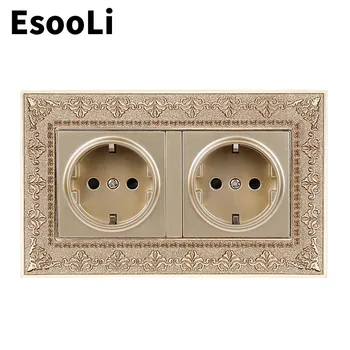 

EsooLi 16A Double EU Standard Power Socket 4D Embossing Retro Zinc Alloy Panel 16A Electrical Outlet 146*86 Type