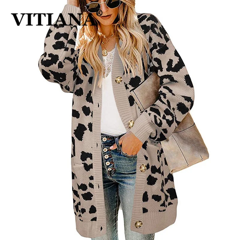 

VITIANA Female Sexy Long Cardigan Sweater Women 2019 Autumn Single Breasted Leopard Casual Sweaters Coat Ladies Winter Clothes