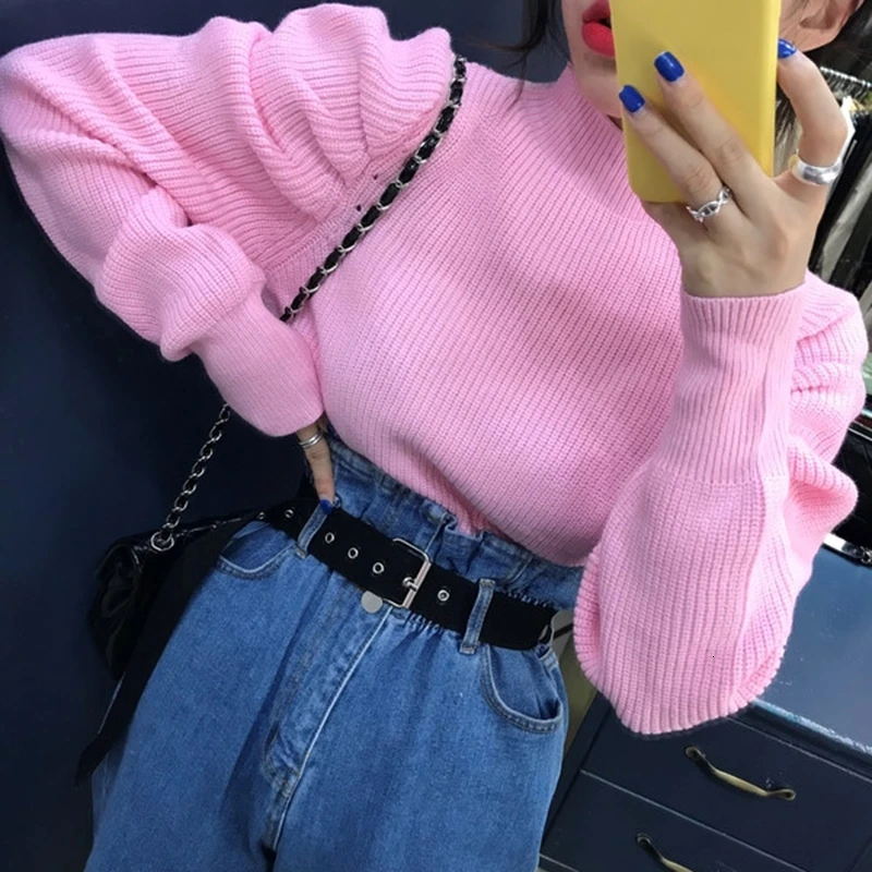 Korean Ruched Knitted Women's Sweaters O Neck Puff Long Sleeve Oversize Pullover Sweater Female 2019 Autumn Fashion New