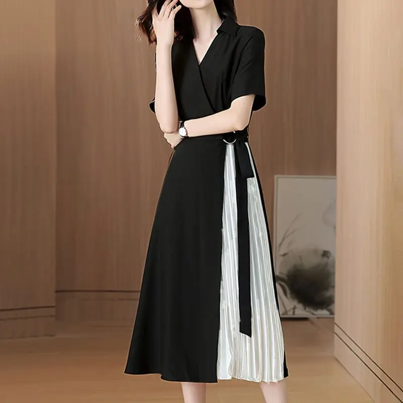 Корейский стиль, высокое качество, дизайнерские женские длинные платья, короткий рукав, модное черное лоскутное платье, винтажное миди плиссированное платье