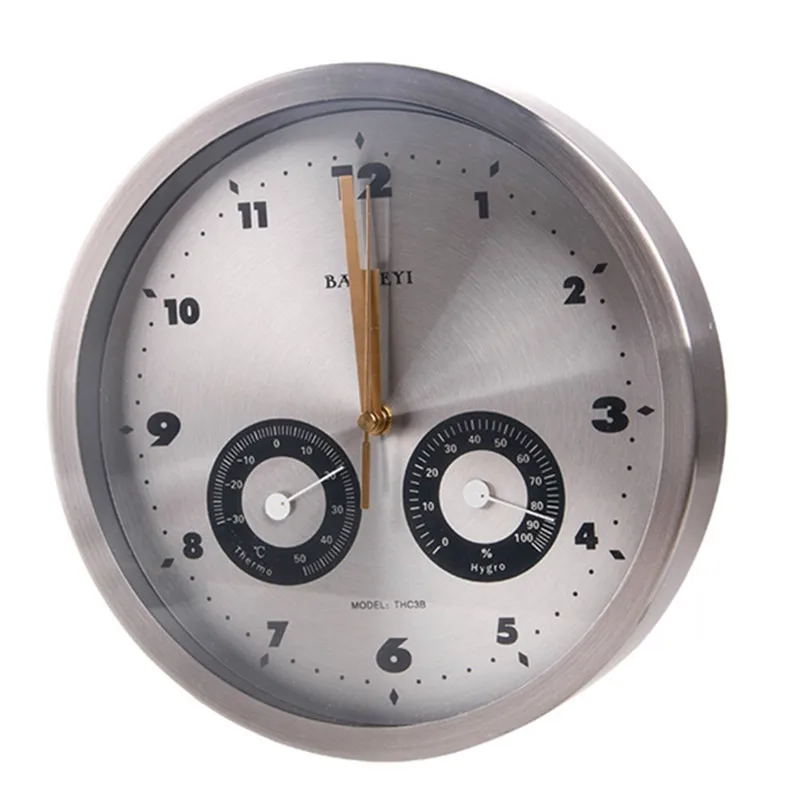 Silent Metal Wall Clock with Thermometer and Hygrometer Silver  