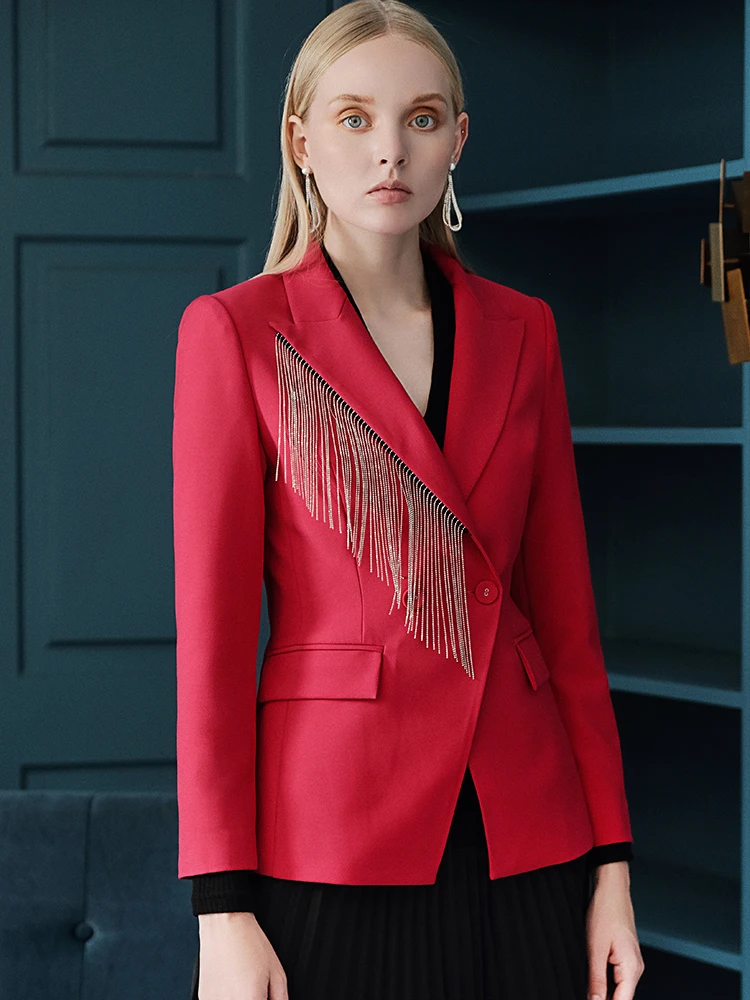 Classic Slim Fit Women Blazer Notched Collar Female Suits Coat Fashion Autumn Winter Runway Tassel Design Red Black Jacket