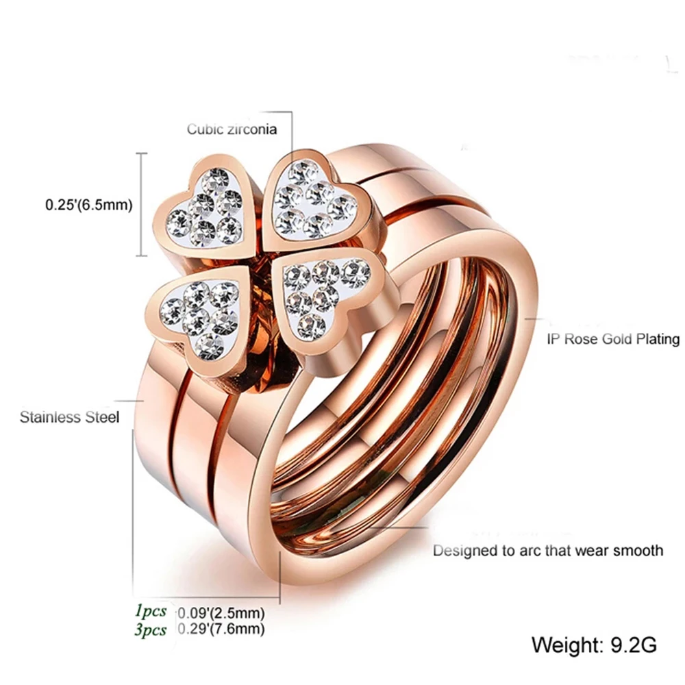 3in1 Heart Rings For Women Surgical Steel Nickle Free CZ Crystal Flower rings