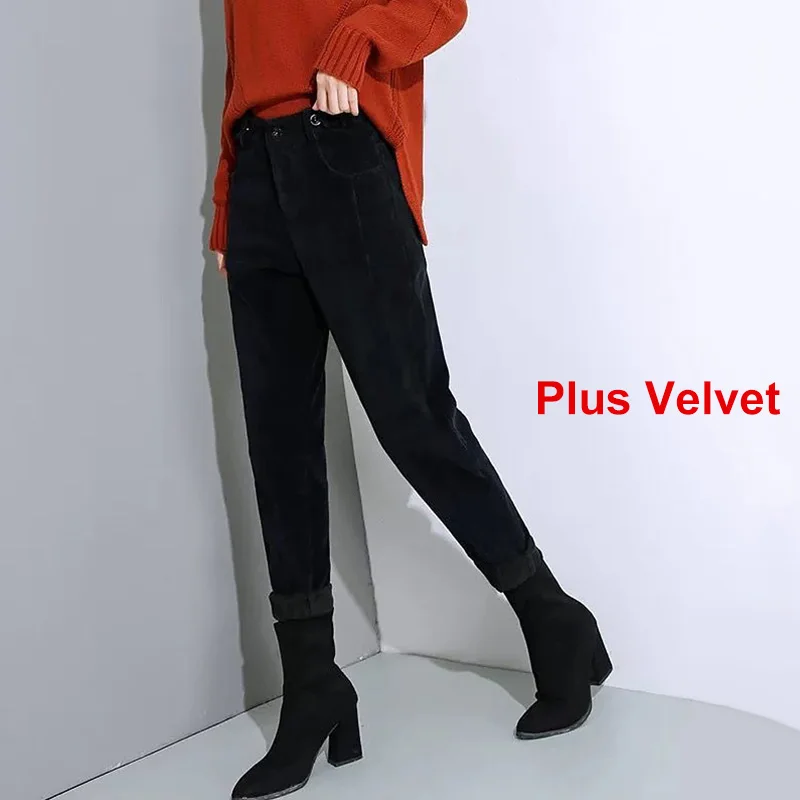 Black plus velvet Осенне-зимние вельветовые штаны-шаровары для женщин и девочек, модные спортивные штаны с высокой талией, повседневные свободные длинные бархатные теплые брюки - Цвет: Black plus velvet