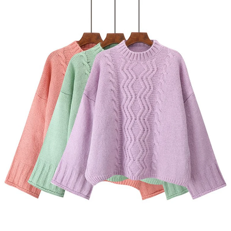 

Solid Color Autumn Winter Pullover Women Korean Fashion Sweet Loose Knitted Sweater Purple Harajuku Kawaii Womens Sweaters 2019