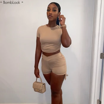 

Bomblook Solid Round Neck Workout Fitness Skinny Short Sleeve Crop Top Two Piece Sets Short Pants Summer Women Casual Tracksuits
